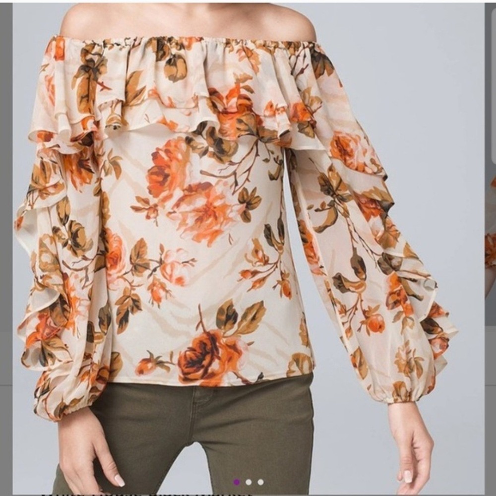 WHBM Off The Shoulder Floral Ruffle Collar Balloon Sleeve Chiffon Blouse Sz M‎